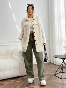 SHEIN EZwear Plus Flap Detail Teddy Vest Coat, For Winter - Beige - View 5