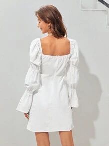 Soleia Solid Square Neck Flounce Sleeve Ruched Bust Dress - White - View 2