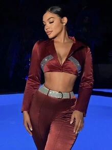 SHEIN SXY Contrast Sequin Tape Crop Blazer - Red - View 3