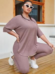 SHEIN Essnce Plus Solid Drop Shoulder Waffle Knit Top & Leggings - Dusty Pink - View 1