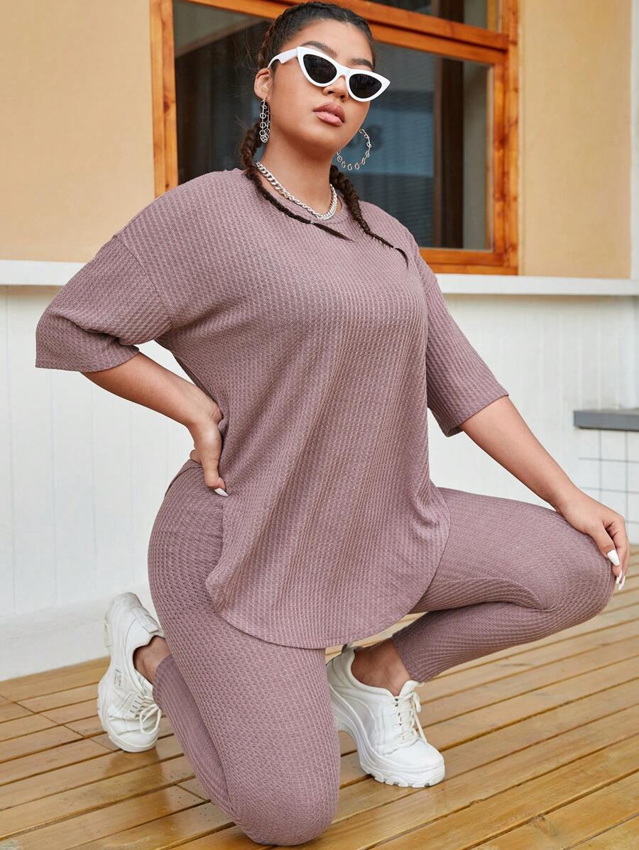 SHEIN Essnce Plus Solid Drop Shoulder Waffle Knit Top & Leggings - Dusty Pink - View 1
