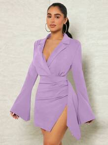 SHEIN SXY Lapel Collar Ruched Split Hem Dress - Lilac Purple - View 3