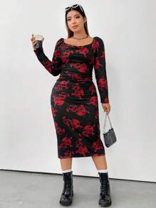 Flirla Plus Chinese Dragon Print Sweetheart Neck Bodycon Dress - Black - View 6