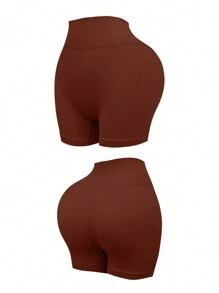 Yoga Basic 3pcs High Waist Ribbed Knit Sports Shorts - Multicolor - View 3