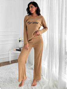 RueChic Letter Graphic Drop Shoulder Lounge Set - Brown - View 3