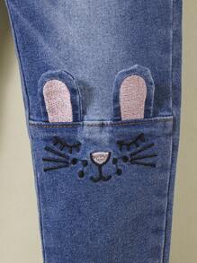 Young Girl Cartoon Embroidery 3D Ears Design Jeans