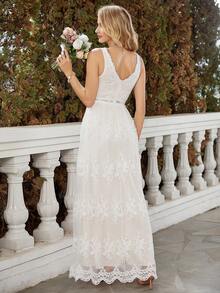 Floral Embroidery Mesh Overlay Maxi Wedding Dress - Apricot - View 2