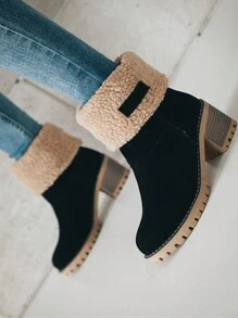 新品女式雪地靴防滑摩托靴保暖内衬保暖鞋女式短靴女士冬靴增高时尚靴子 - 黑色 - 查看 1