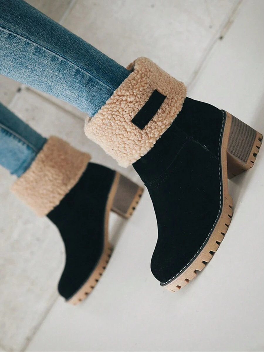 新品女式雪地靴防滑摩托靴保暖内衬保暖鞋女式短靴女士冬靴增高时尚靴子 - 黑色 - 查看 1