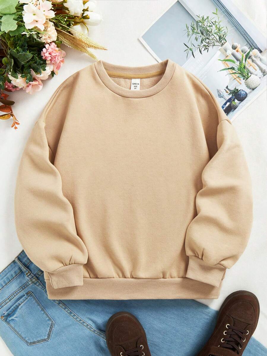 Tween Girl Casual Solid Color Crew Neck Long Sleeve Fleece Sweatshirt - Khaki - View 1