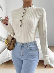 SHEIN LUNE 荷叶边纽扣前襟罗纹针织套头衫秋冬毛衣 - 米色 - 查看 3