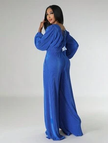 Plunging Neck Twist Front Wide Leg Jumpsuit - Blue - View 4