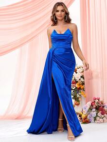 LOVE&LEMONADE 垂墜高衩緞面正式洋裝 - 藍色 - 查看 5