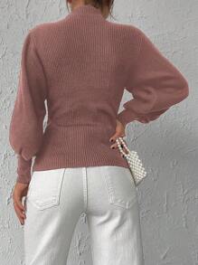 EURMUSE 小高領燈籠袖紐扣細節套頭毛衣 - 卡其色 - 查看 2