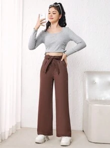 Teen Girl Slant Pocket Belted Wide Leg Jeans - Coffee Brown - View 3