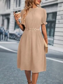 SHEIN Clasi 素色泡泡袖腰帶A字洋裝 - 卡其色 - 查看 5