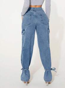 SHEIN SXY 有蓋口袋側結下擺工裝牛仔褲 - 中等水洗藍 - 查看 2