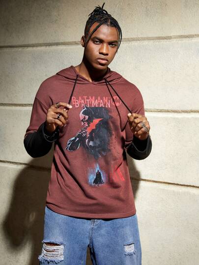 Batman X ROMWE Guys Letter & Figure Graphic Drawstring Hoodie