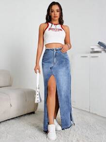 SHEIN EZwear High Waist Split Thigh Denim Skirt - Medium Wash - View 4