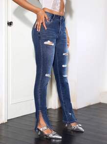 SHEIN ICON ダメージ加工 スプリットヘム ダメージジーンズ - ブルー - チェックする 3