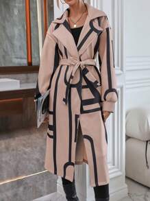 SHEIN LUNE Áo khoác có dây thắt lưng in hình Geo - Màu Khaki - Xem 6