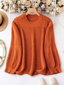 Plus Size Women Solid Color Knitted Round Neck, Lantern Sleeve Casual Simple Pullover Sweater, Autumn/Winter  Fall Outfit