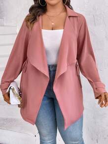 SHEIN LUNE Plus Waterfall Collar Drawstring Waist Coat - Pink - View 1