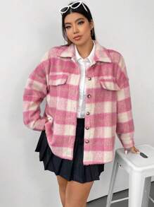 Flirla Plus Plaid Print Drop Shoulder Overcoat - Pink - View 4