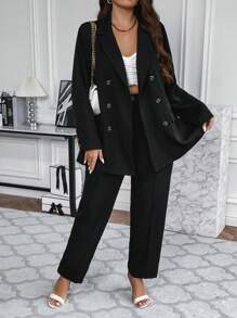 SHEIN Franclia Plus Double Breasted Blazer & Pants - Black - View 3