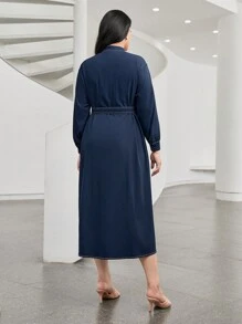 Mulvari 大碼前紐扣腰帶襯衫洋裝 - 藏蓝色 - 查看 5
