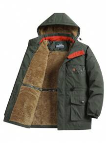 Manfinity LEGND Men Letter Graphic Teddy Lined Drawstring Hooded Coat - Army Green - View 1