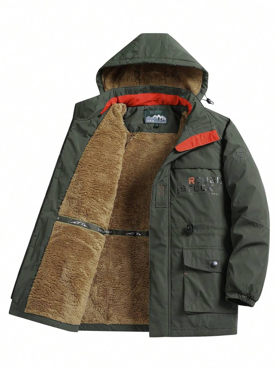 Manfinity LEGND Men Letter Graphic Teddy Lined Drawstring Hooded Coat - Army Green - View 1