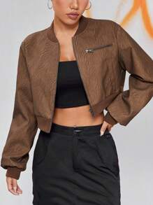 SHEIN EZwear Zip Up Crop Bomber Jacket - Chocolate Brown - View 4