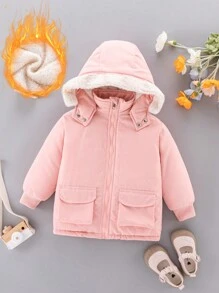 SHEIN Young Girl 1pc Flap Pocket Teddy Lined Hooded Padded Coat - Pink - View 1