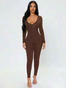 SHEIN PETITE Sweetheart Neck Unitard Jumpsuit - Brown - View 3