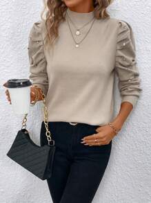 SHEIN Clasi Rhinestone Detail Puff Sleeve Mock Neck Sweater Knit Pullover Fall Winter Outfit - Apricot - View 4