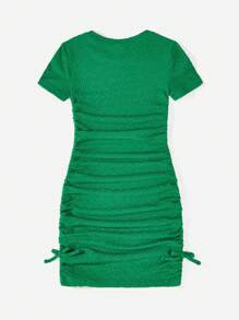SHEIN Tween Girl Casual Solid Round Neck Short Sleeve Dress With Drawstring & Ruffled Hem - Green - View 2