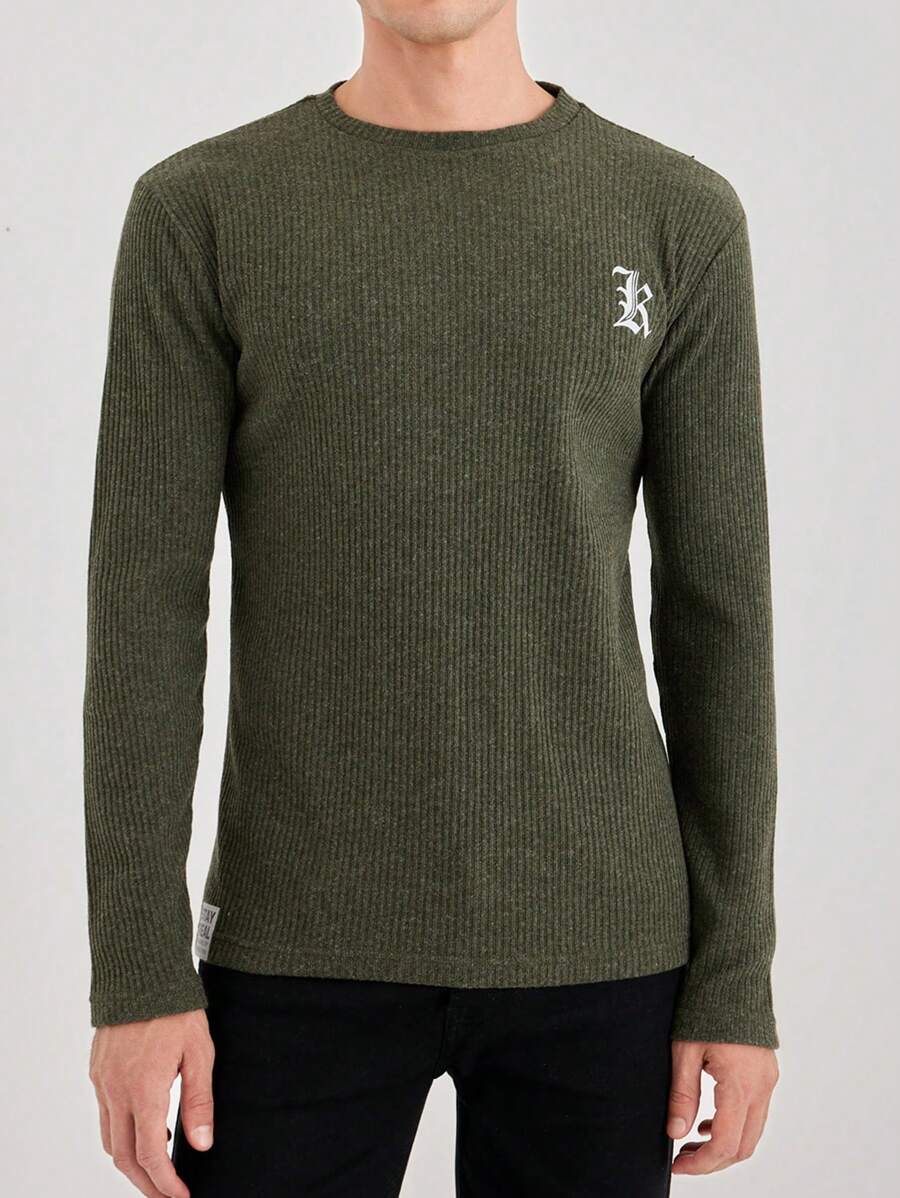 RueChic Men Letter Graphic Ribbed Knit Tee - Green - View 1