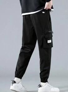 Men Letter Patched Flap Pocket Cargo Pants - Black - View 2