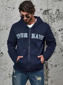 Manfinity Homme Men Plus Letter Graphic Zip Up Drawstring Hoodie - Royal Blue - View 3