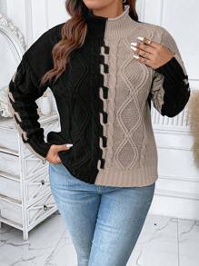 EMERY ROSE 加大码双色落肩高领麻花针织毛衣，适合冬季和秋季穿着 - 彩色 - 查看 5