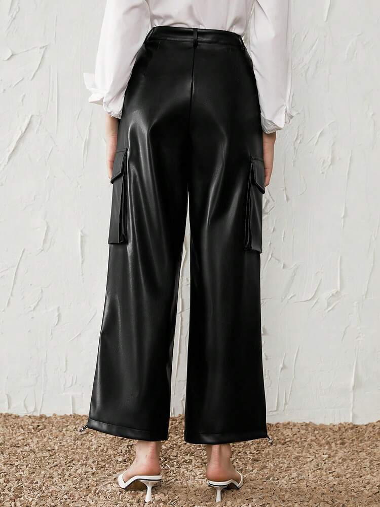 Flap Pocket Side PU Leather Wide Leg Pants Fall Cloth For Women