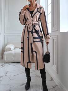 SHEIN LUNE Áo khoác có dây thắt lưng in hình Geo - Màu Khaki - Xem 4
