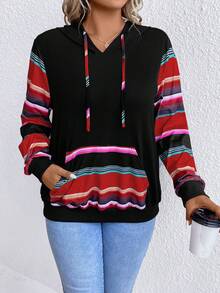 SHEIN LUNE 加大码条纹印花袋鼠口袋抽绳卫衣 - 紅色 - 查看 7