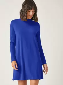 SHEIN BASICS 小高領素色T恤連衣裙 - 寶藍色 - 查看 1