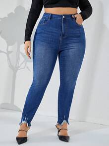 SHEIN LUNE 加高腰毛邊緊身牛仔褲 - 藍色 - 查看 5