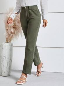 SHEIN LUNE Solid Straight Leg Cropped Jeans - Olive Green - View 1