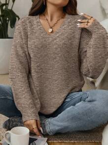 Calvaya Plus Space Dye Drop Shoulder Sweater, For Winter Knit Pullover Fall Sweater - Coffee Brown - View 6