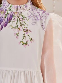 SHEIN Tween Girl Sukienka z kwiatowym nadrukiem, kontrastową siateczką i latarniowymi rękawami