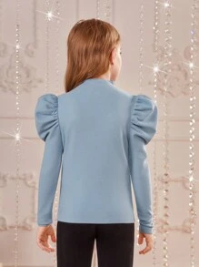 SHEIN Tween Girl Mock Neck Gigot Sleeve Tee - Blue - View 2